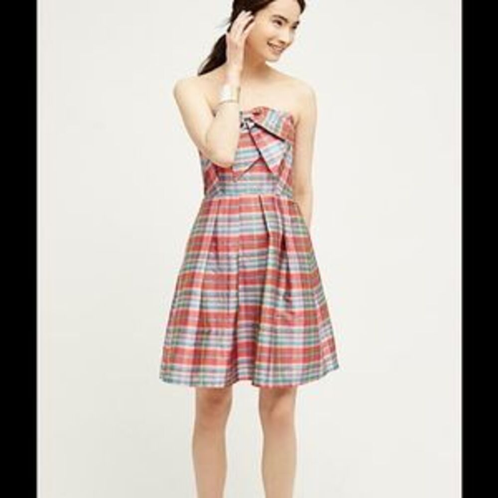 Eva Franco Vera Plaid Strapless Occasion Dress Bow Regular and Petite Rainbow